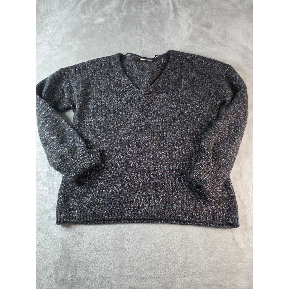 GAP Sweater Women Large Black Multicolor Metallic V-Neck Knit Pullover Top